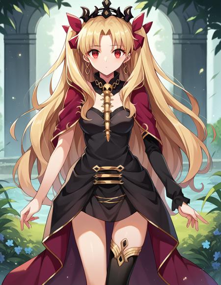 ereshkigal, long hair, blonde hair, very long hair, two side up, tiara, red eyes, ribbon, hair ribbon, red ribbon, parted bangs, medium breasts thighhighs, dress, jewelry, earrings, black dress, single thighhigh, asymmetrical legwear, uneven legwear, single sleeve, spine,