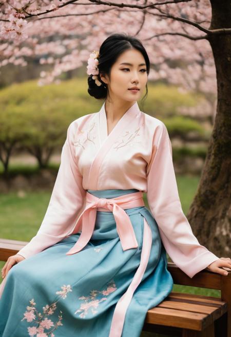 score_9, score_8_up, score_7_up, Photo of a woman, standing sex, suspended congress, tattoo, young, tanned complexion, Asian, jet-black hair, silky and flowing to her waist with slight natural waves, deep brown almond-shaped eyes framed by long lashes, serene expression with a soft and knowing smile, seated pose on a traditional wooden bench with a straight yet relaxed posture, wearing a meticulously crafted hanbok in pastel pink and sky blue, the skirt flowing around her in gentle folds, the jacket adorned with delicate floral embroidery in gold and silver thread, a silk ribbon tied neatly at the chest.
The background features a lush garden bathed in the warm glow of late afternoon light, cherry blossom trees in full bloom stretching their branches above her, pink petals drifting lazily through the air and gathering in scattered piles on the mossy ground.