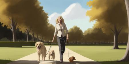 <lora:concept art-v1.0:1> concept art, woman walking her dog, Middle-aged, Leisurely Stroll, Golden Retriever, Casual Chic, Park Setting, Serene Atmosphere, Late Afternoon, Sunny with Scattered Clouds, Balanced Composition