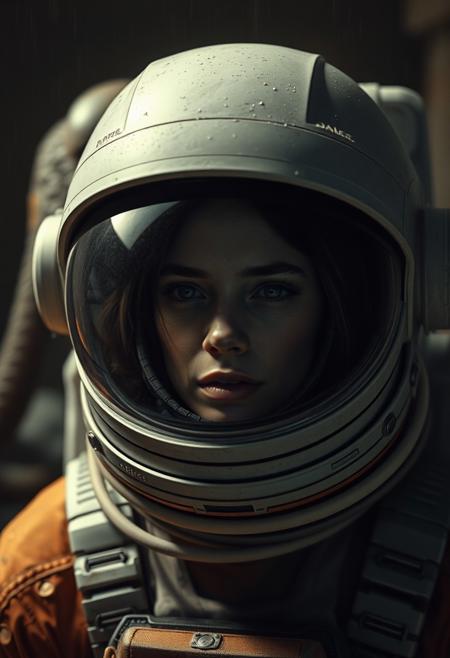 an astronaut is looking through her helmet with a horrifying face after a creature is after her. The scene depicts an alien planet with darkness and dampness, very realistic, Highest-Quality, 4k, intricate details, visually stunning, Masterpiece