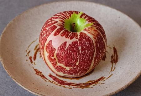 close-up of an apple made of wagyu on a plate, Masterpiece, High Quality, High Details, HD, 8K