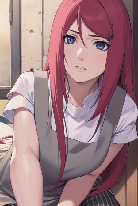 kushina, long hair, hair ornament, red hair, hairclip, (grey eyes:1.5), shirt, dress, jewelry, white shirt, short sleeves, apron, bracelet, green apron, collar,