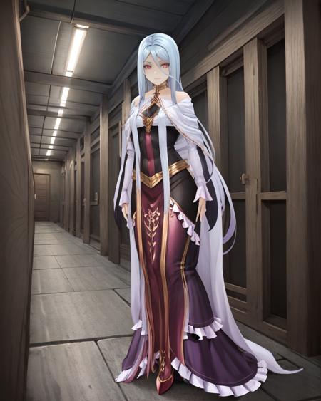 best quality, (masterpiece:1.2), illustration, absurdres, 
(1girl), (solo), (beautiful detailed girl), full body, front view,
<lora:Grandmaster-10:0.9>, Grandmaster, pale blue hair, long hair, very long hair, red eyes, medium breasts,
white shawl, white cloak, black dress, long sleeves, ruffles, jewelry, choker, pantyhose, red high heels, pelvic curtain,
gentle smile,  looking at viewer,
in a sewer, underground, dark, darkness,