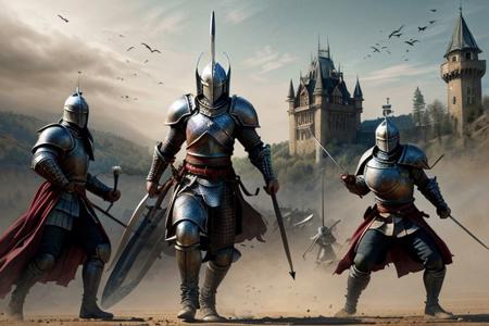 Pencil sketch, intricately detailed, rich shadows, highest resolution, highest quality, 8k UHD, 
best perfect realistic HD ultra HD 4k clear and detailed image, battle knights with a large and fearful fire dragon, nearby castle, weapons swords, crossbows, bows, detailed visualizations of knights, dragon and landscape, detailed depiction of their faces and weapons and armor, and o ...