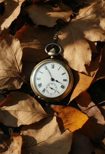 Rendered in an expressive minimalistic style, a single, ornate pocket watch lies on a bed of fallen autumn leaves, bathed in the diffused light of a late afternoon sun. A limited color palette captures the melancholic beauty of the scene with deep ochre tones, charcoal blacks, and subtle washes of faded gold to evoke a sense of nostalgia, loss, and the passage of time. Distinctive lines define the watchâs intricate details while intricate negative spaces suggest the fading memories and fleeting moments of a life lived. Each curve and stroke invites introspection into themes of mortality, remembrance, and the preciousness of every second. A harmonious balance between simplicity and sophistication creates an immersive experience where a feeling of wistful reflection holds sway over this minimalist, evocative landscape.