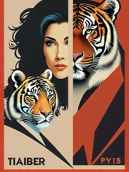 <lora:ShepardFairey:1>a poster of a woman with a tiger on it's face and a tiger on the other side of her face by Shepard Fairey