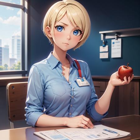 woman, blue blouse with pocket, buttons, id card badge, short blonde hair, blue eyes, sitting, holding red apple, wooden desk, hand on papers, cup with red pen on desk, chair, from front, blush, blue wall, wooden panels, window, cityscape, tree <lora:woman_with_apple_02-000008:1>