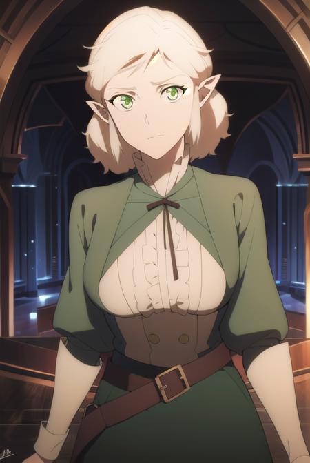 filomena, short hair, blonde hair, (green eyes:1.5), pointy ears, skirt, long sleeves, dress, standing, belt, long skirt,