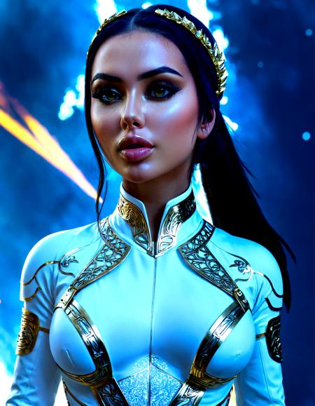 masterpiece, best quality, absurdres, digital art, 3d render, 3d graphics,   <lora:bmbploraxl6:1> bmbplora, 
A stunning image showcases a young woman in an elaborate, futuristic outfit that combines elements of armor and high fashion. Her suit is predominantly white with intricate silver and gold patterns, featuring bold yellow accents that add a vibrant contrast. The outfit is form-fitting, highlighting her figure, and includes detailed, ornamental designs that suggest both elegance and strength. She wears a unique headpiece with white and gold elements, complementing her dark hair styled in a high ponytail.
The background is dynamic and intense, with a smoky atmosphere and colorful sparks or embers flying through the air, hinting at a dramatic, action-packed setting. Her expression is calm and composed, exuding confidence and determination as she strides forward, making her presence both commanding and captivating.