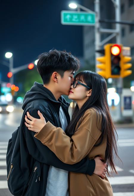 A Taiwanese college student couple couldn't help but hug and kiss each other with their eyes closed while waiting for the traffic light at an intersection at night. The man is 180 cm tall with short black curly hair, and the woman is 150 cm tall with long straight black hair and wears black round-frame glasses.
FHD, Rich in details, masterpiece.