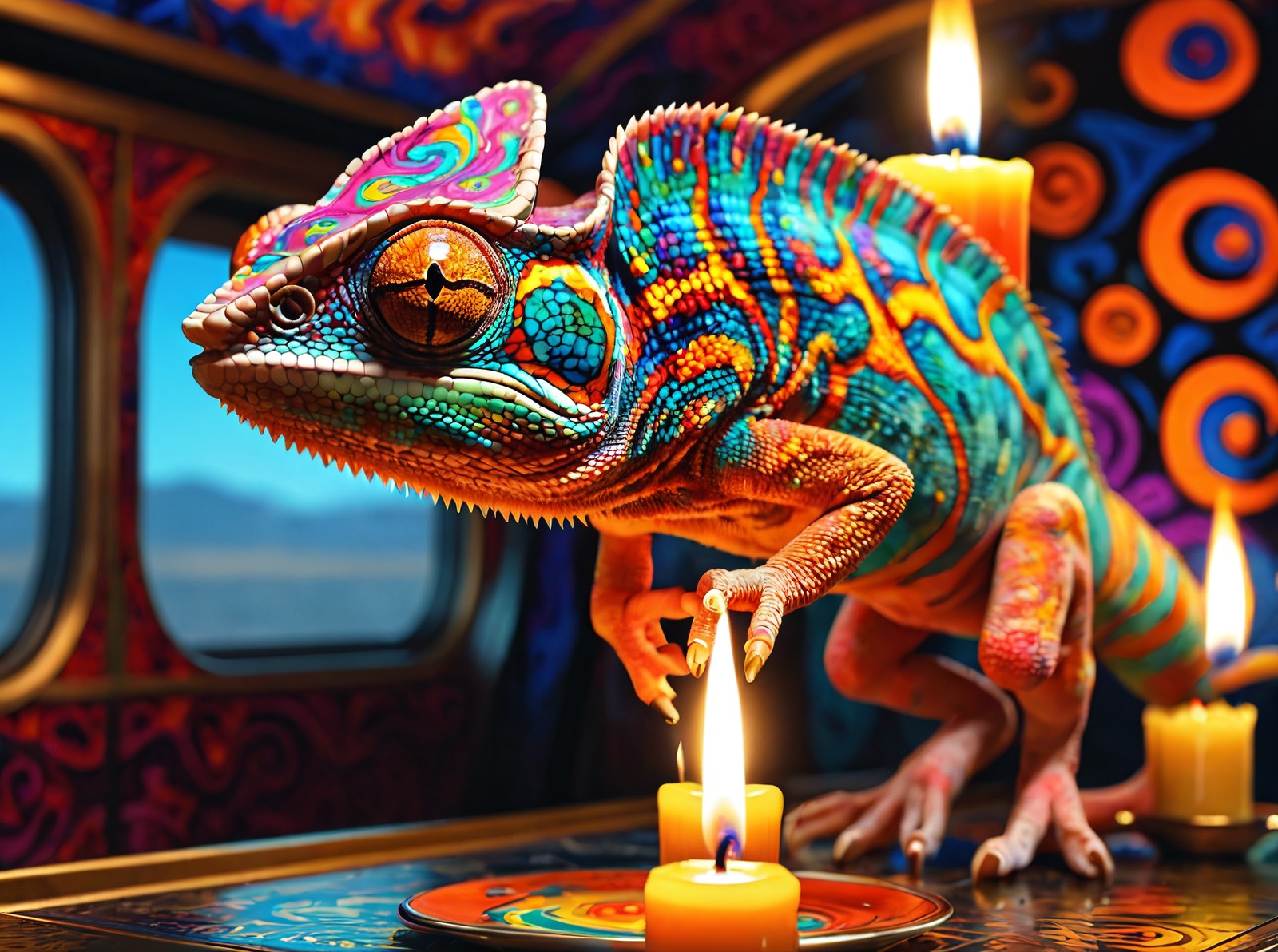 Chameleon,Butters Stotch;male,Bene Gesserit,Stable,High-speed Train,Psychedelic style Vibrant colors swirling patterns abs...