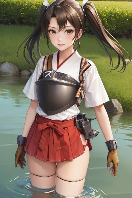 (masterpiece, best quality:1.2), <lyco:kancolle_zuikaku-10:1.0>, cowboy shot, solo, 1girl, kczuikaku, smile, looking at viewer, wading, twintails, hair ribbon, japanese clothes, muneate, hakama short skirt, thighhighs, thigh boots, gloves