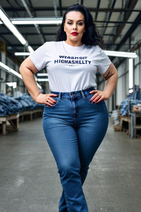 <lora:m1ssh0urglass-000002:0@1, 0.5@0.75, 1@0.2>, high resolution, high quality, tiktok, m1ssh0urgl4ss 1woman (face the viewer) in t-shirt and jeans at the factory,  wide hips, (thick)