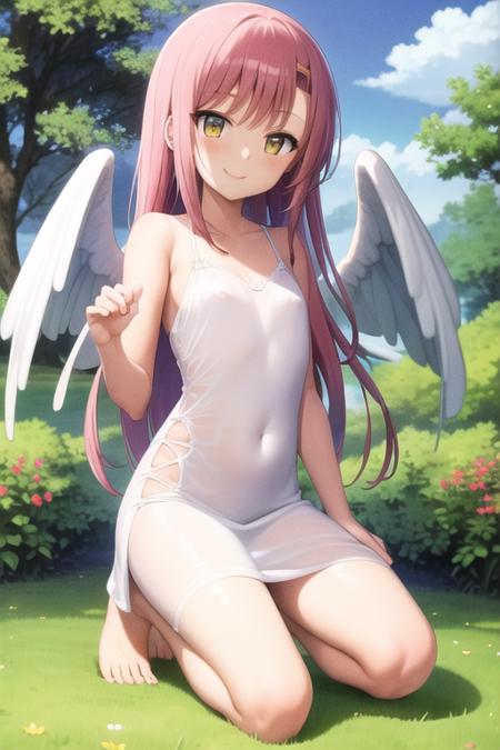 masterpiece, best quality, hinagiku katsura,  pink hair, yellow eyes, white dress, barefoot, wings, angel, angel wings, outdoors, day, smile, <lora:HinagikuV2:0.8>