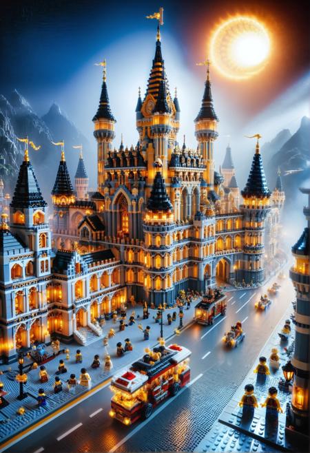 absurdres, high resolution, detailed, Rating_Safe, photograph, Landscape of a The scene depicts a fantastical masterpiece of LEGO technology, filled with intricate lines made of Lego and designs that defy explanation made of Lego and make the impression you could imagine. At night, a majestic castle towers over an empty city, with the sun's light reflecting off its exterior. Above the building, a large structure revolved like Aladdin to add more element to make It Happener: As the car passes by, it appears to be taking place over all these Lego pieces, Hazy conditions, Frightening, Candle light, bokeh, Fujichrome Provia 100F, F/1.8, , <lora:Upgraders\Detail Tweaker XL:1.0>, <lora:Expert Lego set\SDXL 1.0\Expert_Lego_set:1.0>