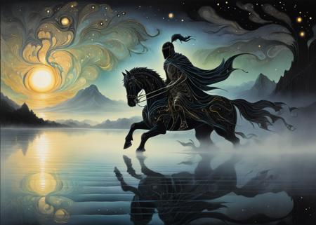 (Stained Glass:0.5), xlmrblng15-1300 beautiful glowing male knight running in a magnificent black-tinted lake in a deep misty valley, very detailed, intricate, (misty:1.1)