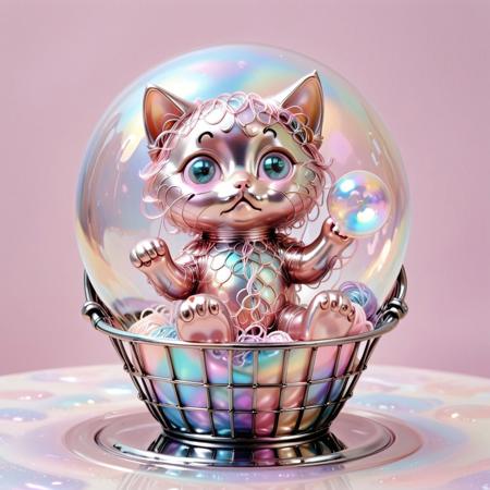 lazympos, playful kitten made of l1qu1dp34rl, metal, pearlescent, soft pink and platinum tones, tangled in a ball of reflective yarn, wide eyes, resting inside a floating soap-bubble basket, pastel cloud background, whimsical and cute