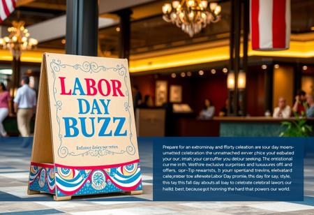 Prepare for an extraordinary Labor Day celebration where your dedication and effort are met with unmatched rewards. Imagine stepping into a lively atmosphere, where a striking cardboard display titled ‘Labor Day Buzz’ stands tall, adorned with intricate designs and vibrant colors that capture the spirit of the day. The sign draws you in, hinting at the exclusive surprises and luxurious offers waiting just for you. Whether you’re seeking relaxation or indulgence, our carefully curated experiences and top-tier rewards promise to elevate your Labor Day to new heights. Seize this opportunity to celebrate your achievements in style – because this day is all about honoring the hard work that powers our world.