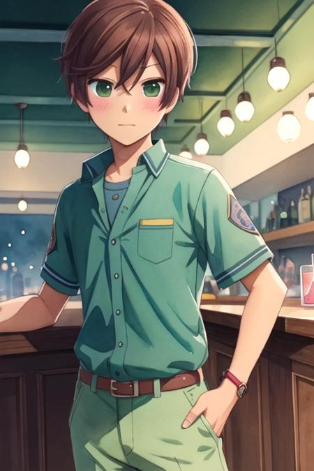 masterpiece, best quality, movie still, 1boy, solo, male focus, looking at viewer, , , (watercolor illustration, soft pastel colors:1.1), , <lora:shinya_momotsuki:0.74>, shinya_momotsuki, brown hair, green eyes, convict costume, nightclub,