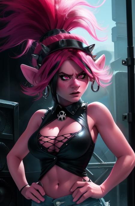 QueenPoppy,pink hair, ponytail, pink eyes,pointy ears, solo,serious, 
standing,  upper body,  cleavage, sleeveless,  navel, toned, 
black shirt with skull, wild hair,  black eyeshadow, headband with spikes, fishnets, jean skirt,
speakers,
(insanely detailed, beautiful detailed face, masterpiece, best quality)
 <lora:QueenPoppy-10v7:0.8>