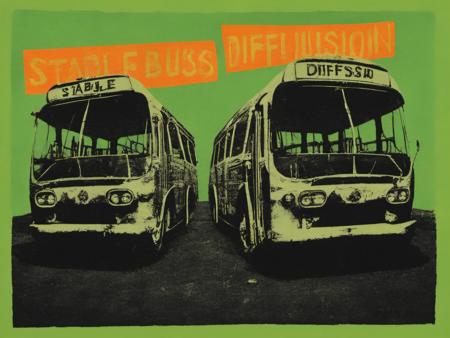 punk bus, bus text: "Stable Diffusion", 2buses, silk screen print, lime green, acid orange, black, punk graphics, text focus, typography, slogan, sunburst background <lora:so77-XL:1>