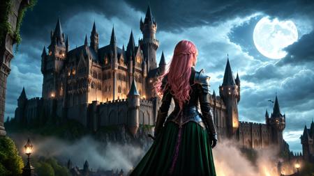 yuukananri,1girl with long pink hair,green eyes,(medieval female mage in skirted armor),(standing with her back to the camera),(facing a massive gothic-style castle),pitch-black night,gothic architecture,illuminated by faint moonlight,flowing cape caught in the cold wind,intricate engravings on her armor,mysterious and powerful atmosphere,large castle towers looming overhead,detailed castle structure with gothic arches and spires,dark clouds swirling in the sky,eerie shadows around the castle,dim torchlights glowing on the castle walls,her staff slightly visible,dramatic lighting,sense of grandeur and mystery,cinematic composition,epic scale,highly detailed textures,(masterpiece:2),best quality,ultra highres,original,extremely detailed,perfect lighting,<lora:yuukananri-base-01-XL:0.6>,<lora:detailed_notrigger:1>,<lora:xl_more_art-full_v1:0.8>,<lora:MJ52_v2.0:0.5>,