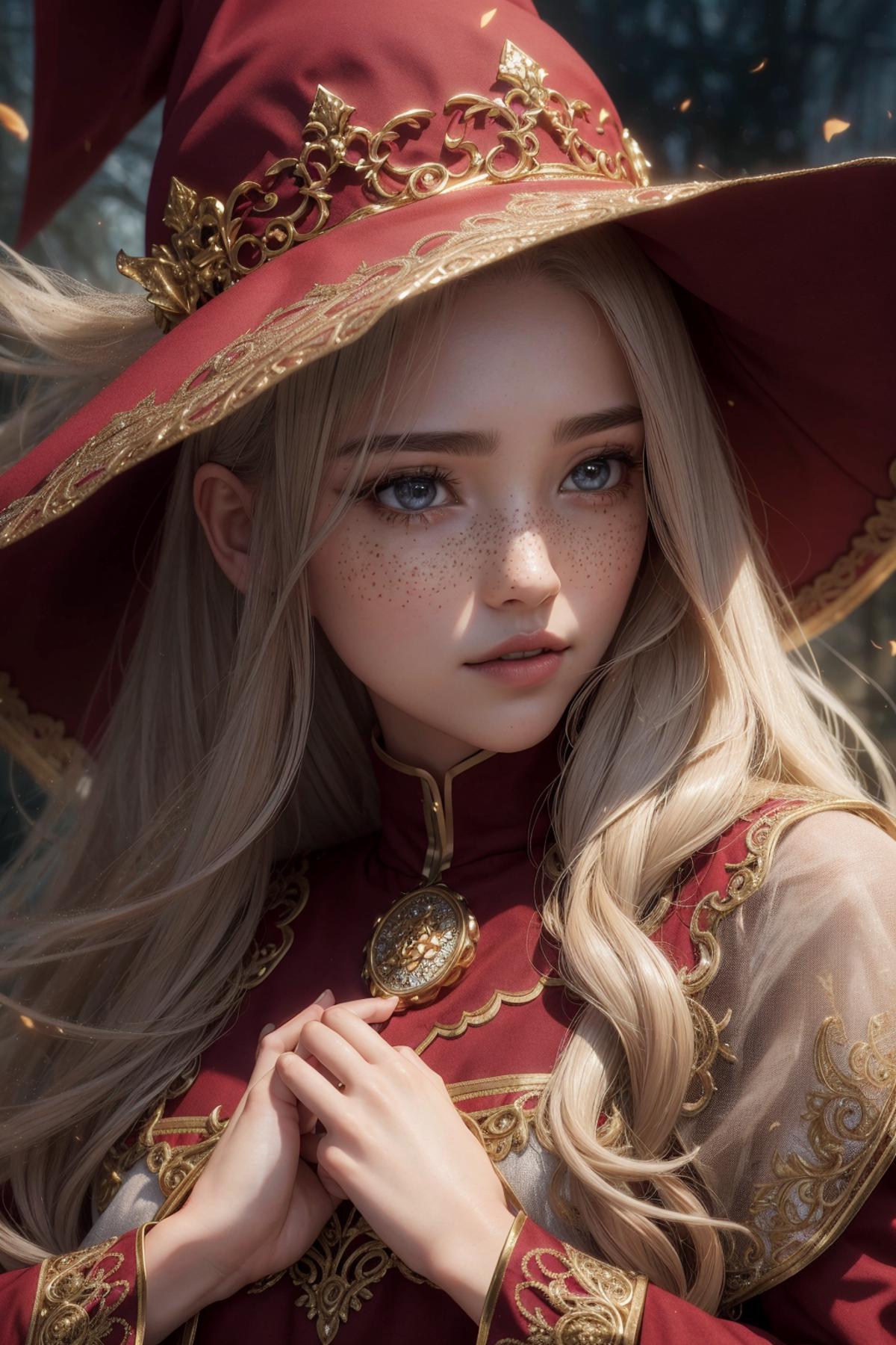 A beautiful blonde woman wearing a red hat, a red jacket, and a gold necklace.