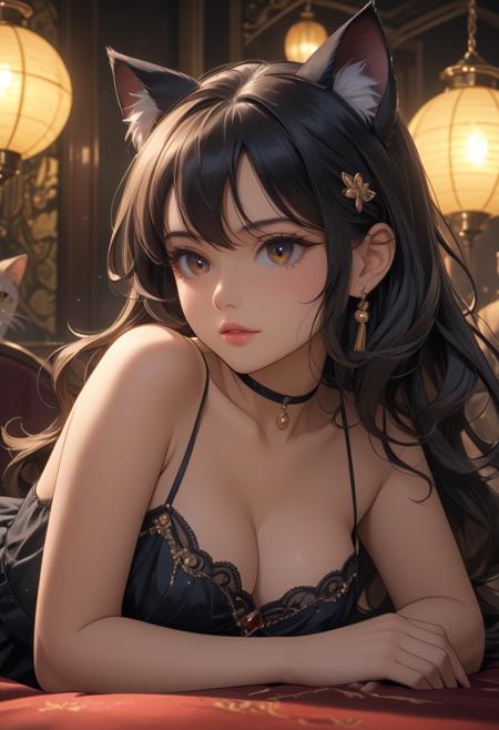 score_9, score_8_up, score_7_up, score_6_up, dynamic, (anime, masterpiece), best quality, (8k), detailed background, sharp focus, intricate, ambient lighting, super high quality, hyper detailed background, cinematic lighting, adult, double tone long hair, mature, embedding:zPDXLxxx, cat ears, vintage, mafia, prohibition era, 1950s,Contemplation, See-through Chiffon Blouse, Lying on Side Propped Up by Elbow, brothel, addDetailXl.MLUV, Nyaomi, Expressiveh<lora:Expressive_H-000001.safetensors:1.0:1.0> <lora:Nyaomi.safetensors:1.0:1.0> <lora:addDetailXl.MLUV.safetensors:1.0:1.0>