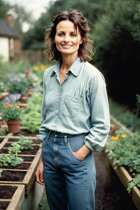 analog photo of MarciaCipher smiling, wearing a blouse and jeans, standing on garden, gardening, Kodak Gold 100, Canon Powershot <lora:LowRA:0.3>