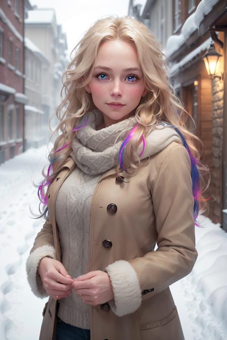 real, photograph, professional portrait photograph of a gorgeous Norwegian girl, long wavy blonde hair, sultry flirty look, gorgeous symmetrical face, cute natural makeup,  ((standing outside in snowy city street)), stunning rural environment, ultra realistic, concept art, elegant, highly detailed, intricate, sharp focus, depth of field, f/1. 8, 85mm, medium shot, mid shot, (((professionally color graded))), bright soft diffused light, (volumetric fog), trending on instagram, hdr 4k, 8k, nsfw, <lora:nucleardiff:1>