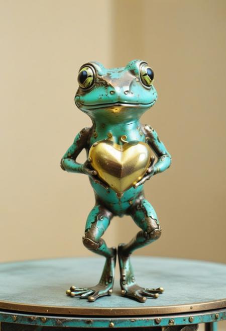 8k, Raw digital photo, chibi frog made of patina metal, holding a gold large heart, Jumping gracefully, on table, an art deco, shallow depth of field, Full Colour, 80mm,minimalist, mechanical details background,