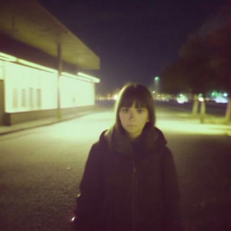 <lora:1:1> , old_siemens, foreground, background, overexposure,  film grain,
a woman face in a center of a frame,  a street at night with a street light and buildings in the background at night time, with a street light in the foreground, 1girl, scared, brown eyes, brown hair