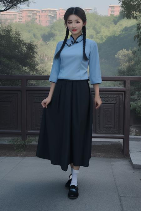 best quality, masterpiece,real,realistic, photo,photorealistic, looking at viewer,1girl, 
minguoxiaofu,school uniform, tangzhuang,red shirt,long skirt,
 <lora:minguoxiaofu_v2_03:0.8>