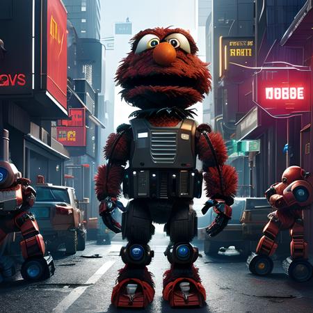 masterpiece, best quality, cyberpunk style, (elmo:1.2) as robocop, muppet, sesame street, futuristic, dystopian city, (((fighting against robots)))