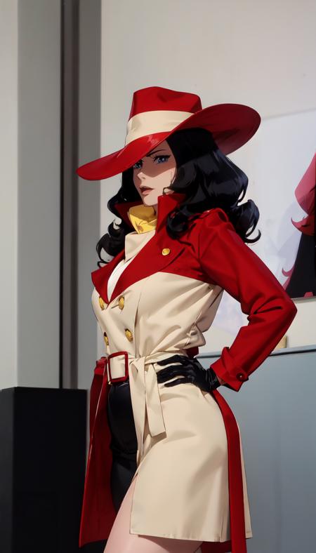 straight-on, upper body, solo, BREAK 1990s \(style\), 
CARTOON_carmen_sandiego_ownwaifu, www.ownwaifu.com, carmen_sandiego,
long hair, black hair, lipstick, makeup, red lips, breasts, lips, blue eyes, mature female, curly hair, dark skin,  long legs, narrow waist, curvy, 
trench coat, witch hat, belt, red headwear, black gloves, red coat, long coat, scarf, yellow scarf, buttons, big hair, 
<lora:CARTOON_carmen_sandiego_ownwaifu-15:0.85> ,, official art, highres, scenery, (masterpiece:1.1), (best quality,:1.1), (high quality:1.1), (anime screencap:1.2),