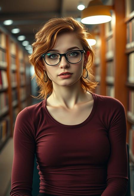 Photographic portrait of a student sitting in the library, beautiful, fair skin, 22 years old, shoulder-length wavy copper hair, green eyes, eyeglasses, small and delicate nose, full and thin pink lips, beautiful delicate very feminine face, slim and athletic build, medium-low height, shy but mischievously sensual appearance, wears very feminine casual tight clothes with a wide neckline with a push-up effect, night, warm soft light