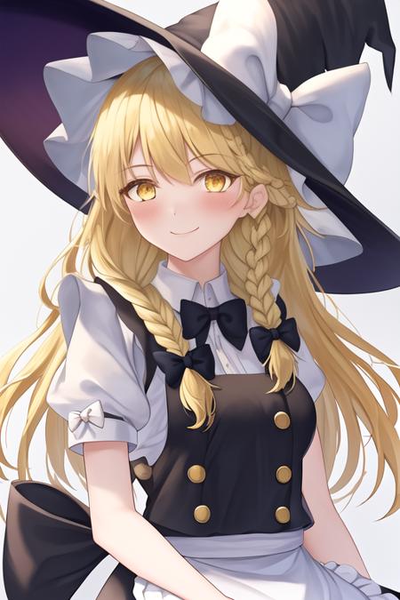 masterpiece, best quality, highres, solo, {kirisame_marisa_touhou:1.10}, blonde_hair, long_hair, hat, witch_hat, bow, yellow_eyes, braid, single_braid, hat_bow, smile, hair_bow, apron, white_bow, 1girl, upper_body, looking_at_viewer, shirt, short_sleeves, vest, bangs, black_headwear, black_vest, blush, green_bow, puffy_sleeves, ribbon, side_braid, star_\(symbol\), white_shirt