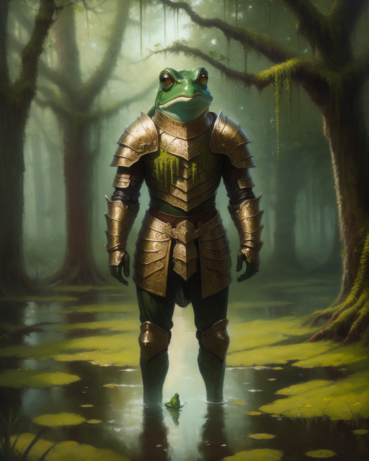 frog knight in heavy ornate armor standing in the midle of swamp, frog head, hand on hip, tree, liana, moss, dark fantasy,...