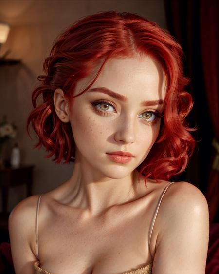 <lora:TLP:1> girl, red hair, cleavage, (Upper body photo:1.2). Beautiful female. Wearing elegant one-shoulder sweater dress. Detailed eyes framed by long, perfect eyelashes. Her eyebrows are perfectly arched and delicate, adding grace to her gaze. Subtle eyeliner. Light make-up. Detailed face. Soft features. Sensual. Photorealistic, Natural atmospheric lighting, intricate details, 35mm photograph, film, professional, 4k visuals, highly detailed, elegant, studio quality.