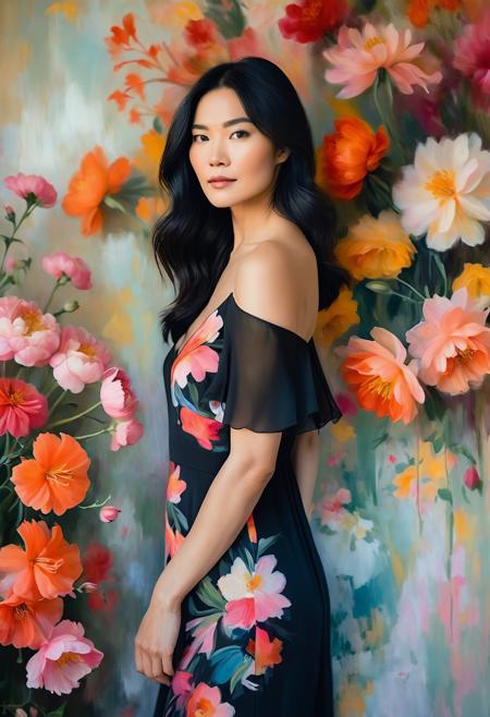 black haired woman posing amidst bright flowers in a black dress, in the style of soft, painterly brushwork, asian-inspired, cabincore, oversized portraits, wavy, soft, muted tones, multi-layered,  <lora:MJ52:0.4>, <lora:sd_xl_dpo_lora_v1:0.5>,  <lora:add-detail-xl:1>
