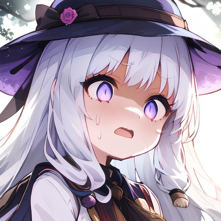 <lora:hawawa:1>, hawawa, 1girl, sweatdrops, in forest,night, moon light, have a lanthanum, hat, silver hair, long hair, sunshine,  dynamic angle, damaged face,, ultra_detailed:1.2