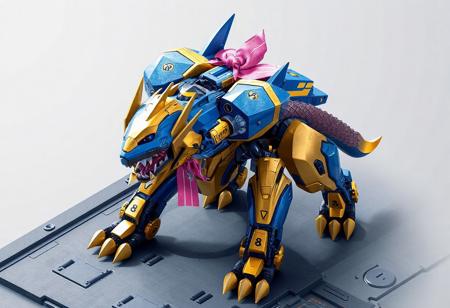 Mecha Phantom Beast werewolf robot, blue and gold, pink bow, bird emblem, number "8" detail, camera head, dynamic action pose, Super Quantal Mech Ship Magnacarrier surface. Isometric, octane render, unreal engine 5, splash ink illustration, Raphael style, Houdini style, trending on Artstation, CGSociety, golden ratio, vivid emotions, joyful impact, 4k, high-res, lifelike details, matte painting.