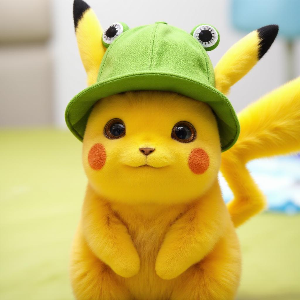 realistic photo of pikachu wearing a froggy hat <lora:Froggy_Hat:1>  <lora:Pikachu:1>