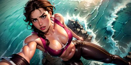 lara_croft, (laracroft:0.3), angry, shouting, (wet_hair, wet_skin), (climbing:1.2), (from_above:1.7), (sports_bra:1.6), (sweatpants:1.3), <lora:Sagging breasts:1>, (sagging_breasts, breasts_apart, small_breasts), (rocks, cliff, ocean), <lora:3DMM_V12:0.5>, 1girl, wide_hips, freckles, thick_eyebrows, brown eyebrows, thick_lips, brown hair, single_braid, messy hair, absurdres, intricate, masterpiece, best quality, highly detailed, (action scene), depth of field, dynamic pose, dramatic angle, 8k, highly detailed, unreal engine, photo, photorealistic, hyperrealistic, cinematic lighting, cinematic composition, beautiful lighting, sharp, details, hdr, 4k