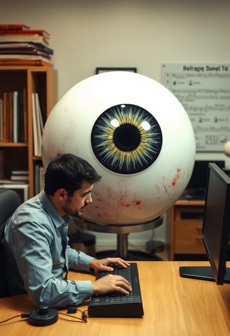 photo of a giant eyeball on desk in front of the man with typing on keyboard and looking at the eyeball sitting on chair