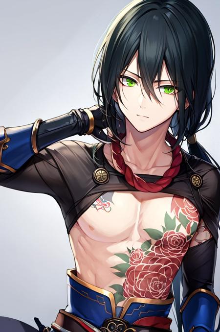 yanqing, 1boy, male focus, long hair, gauntlets, tattoo, full-body tattoo, black hair, green eyes, looking at viewer, topless male, ponytail, flower tattoo, hair between eyes, very long hair, chest tattoo