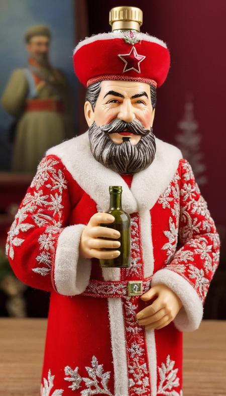 ChristmasDecorativeStyle, Joseph Stalin in a Ded Moroz clothes,hold bottle vodka, (Masterpiece:1.3) (best quality:1.2) (high quality:1.1) <lora:ChristmasDecorativeStyle:0.55>