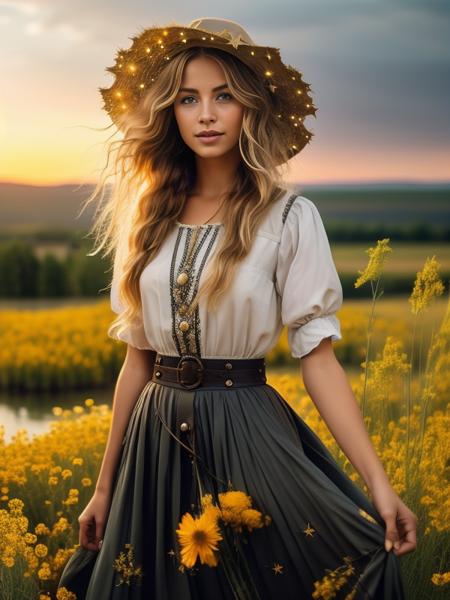 best quality,masterpiece,((a {British} woman)),<lora:Bohemain_v1.1-000009:0.8>,pendant,jewelry,white dress,straight hair,braid, blue eyes,light smile,upper body,((messy hair)),(grassland),(yellow eyes),incredibly absurdres,(gold hair),floating hair,Large number of environments,the medieval ,grace,prospect,water eyes,wind,breeze,god ray,lawn,Mountains and lakes in the distance,The sun shines through the trees,A vast expanse of grassland,beautiful detailed glow, floating ashes, beautiful and detailed explosion, red moon, fire, fire cloud, wings on fire, a cloudy sky, smoke of gunpowder, burning, black dress, dove of peace, (floating cloud:1.2),(water bloom), (delicate glow),  (breeze), long   Flowers meadow,(((sunset)), (less stars form a circle), randomly distributed clouds, (rivers), (willows with branches falling into the water),mazinger,Boater  hat,