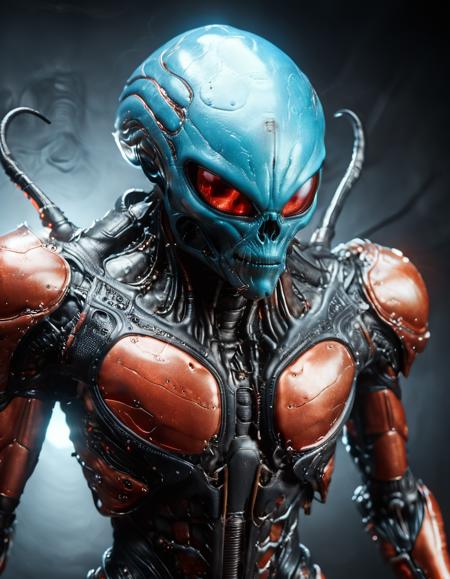 an alien, similar to a hornet without wings, has blue skin, carbon fiber clothes, softly glowing mechanical, visible internal organs, captured using infrared photography, 8k resolution image, smooth and polished. bold red and black colors