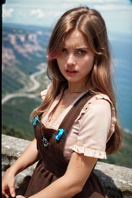 analog film photo solo, realistic, ((RAW GIRL)), (((Brown and rose gold two-tone hair hair, 90s Layers Hairstyle))), (((Angry, tightened jaw, squinted eyes, and raised eyebrows.))), (((Modest pinafore dresses))), ((cliff, sheer drop, panoramic view, breathtaking)), ((dynamic pose)), 8k, clear facial features, bokeh,. faded film, desaturated, 35mm photo, grainy, vignette, vintage, Kodachrome, Lomography, stained, highly detailed, found footage
